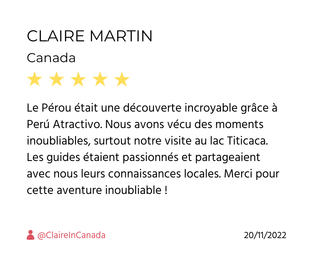 Testimonio de Claire Martin, Canadá, sobre su experiencia en el Lago Titicaca con Perú Atractivo.