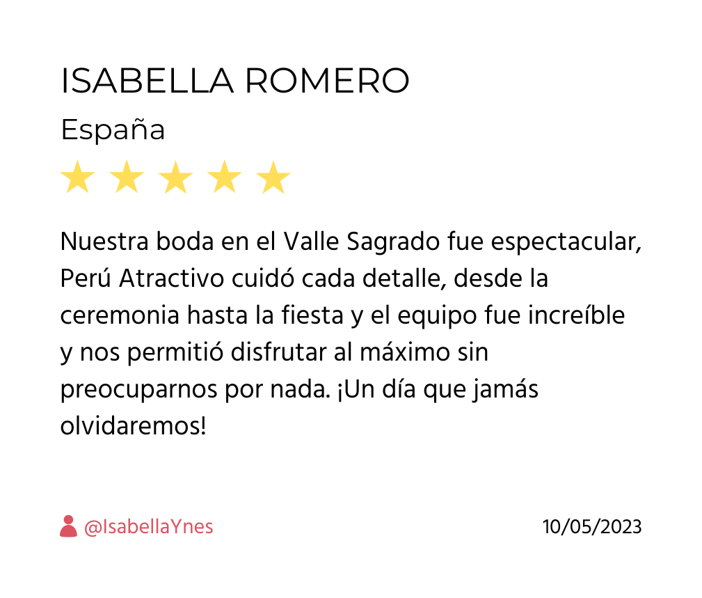 Testimonio de Isabella Romero, España, sobre su boda en el Valle Sagrado organizada por Perú Atractivo.